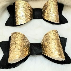 Glittery Gold and Faux Leather Black Bows for pig tails